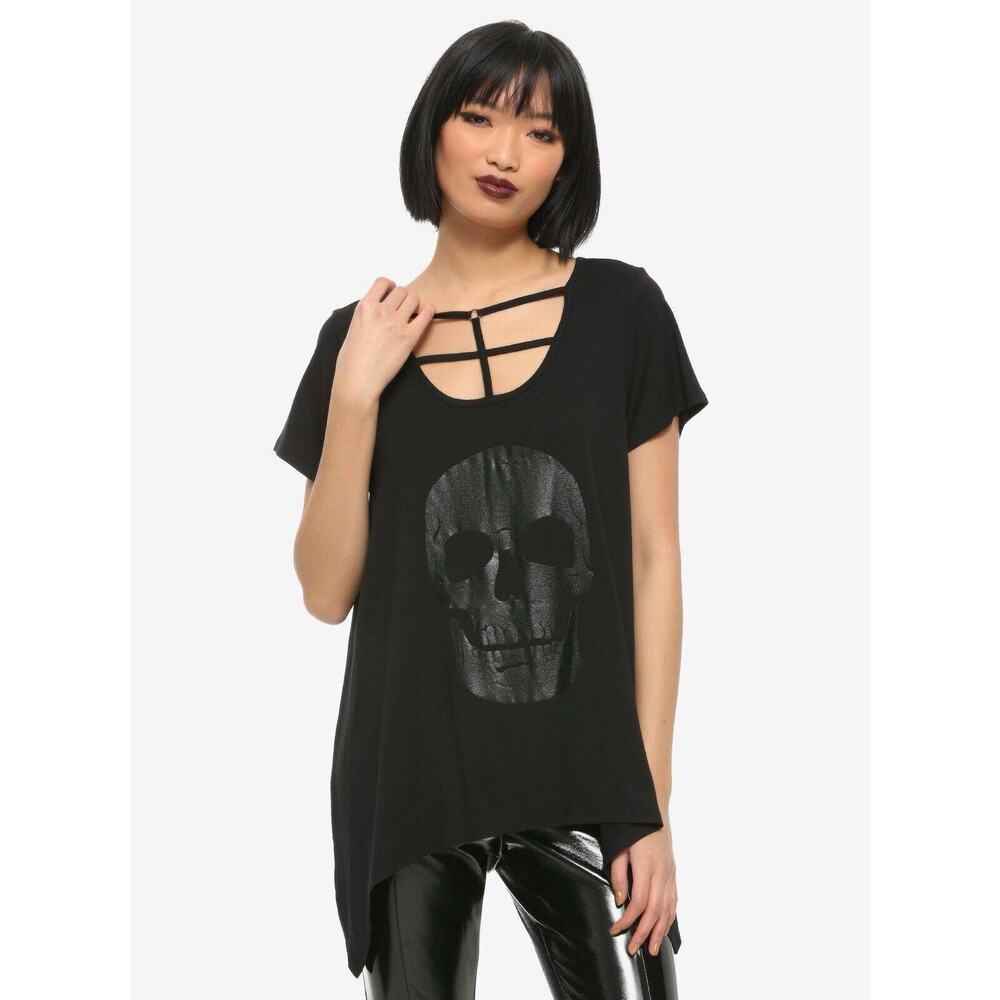 Hot Topic Size S Glitter Skull & Strappy Front Shark Bite Top Short Sleeve Tunic